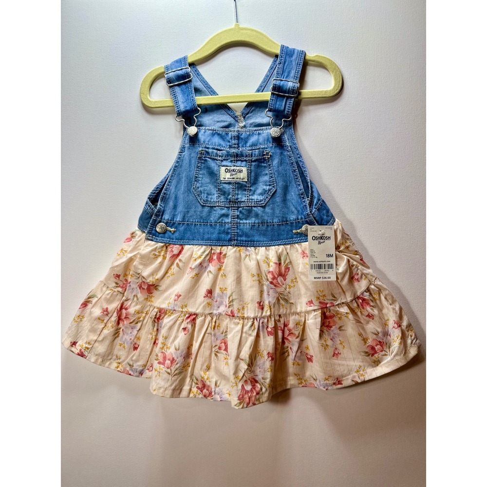 OshKosh Bgosh Baby Girls Denim Floral Tiered Overall Dress 18M NWT